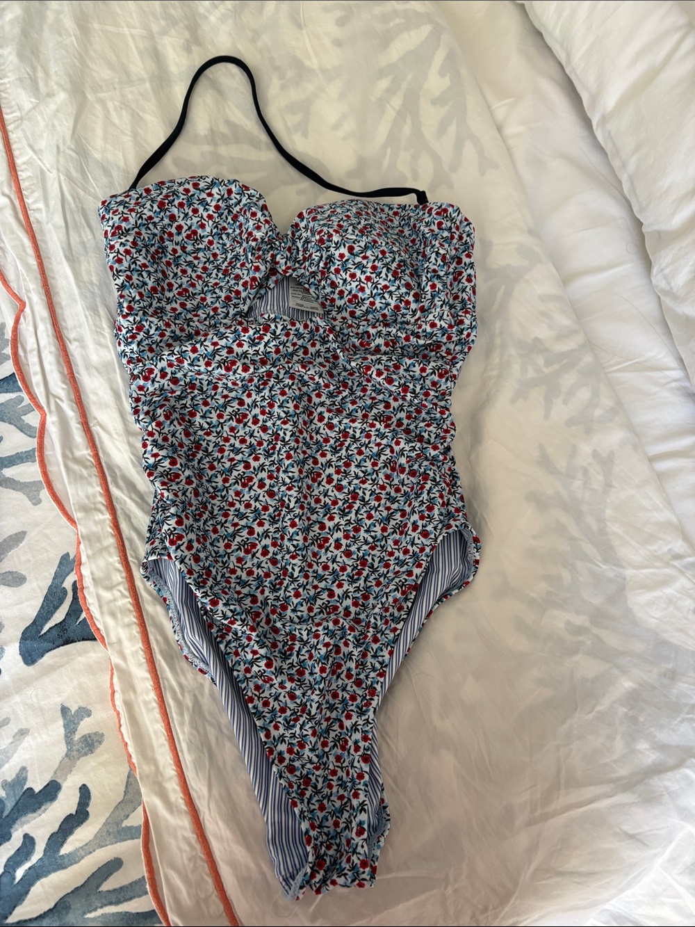 J. Crew Blue, Red and White Floral One-Piece Swimsuit